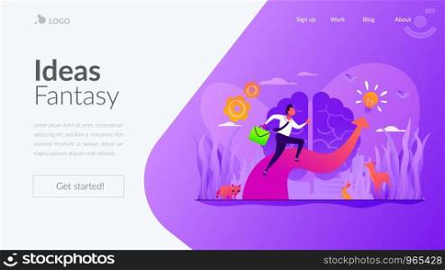 Imagination and vision, creative thinking, ideas and fantasy, motivation and inspiration concept. Website homepage interface UI template. Landing web page with infographic concept hero header image.. Imagination landing page template.