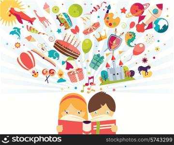 Imagination concept, boy and girl reading a book objects flying out, vector illustration