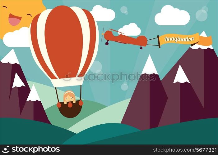 Imagination concept - girl in air balloon, airplane with imagination banner flying