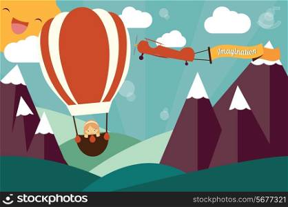 Imagination concept - girl in air balloon, airplane with imagination banner flying