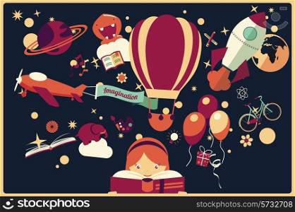 Imagination concept - girl reading a book with air balloon, rocket and airplane flying out, night sky, vector illustration