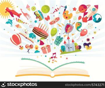 Imagination concept - open book with air balloon, rocket, airplane flying out, vector illustration