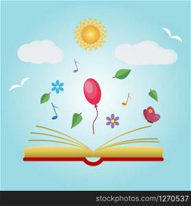Imagination concept with opened book. Vector illustration
