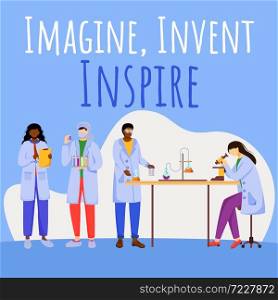 Imagine, invent, inspire social media post mockup. Experiments in laboratory. Advertising web banner design template. Social media booster. Promotion poster, print ads with flat illustrations. Imagine, invent, inspire social media post mockup