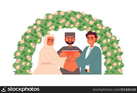 Imam officiating muslim bride groom wedding semi flat colorful vector characters. Nikah ceremony. Editable half body people on white. Simple cartoon spot illustration for web graphic design. Imam officiating muslim bride groom wedding semi flat colorful vector characters