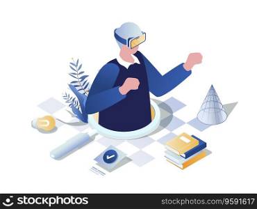 Immersive learning concept 3d isometric web scene. People wearing in VR headset to interacting with virtual reality for study and making researches. Vector illustration in isometry graphic design