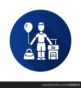 Immigrant child blue flat design long shadow glyph icon. Kid travel abroad. Tourist trip. Holiday, tourism. Traveler with air balloon, carry on handbag and suitcase. Vector silhouette illustration