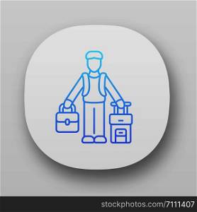 Immigrant man app icon. Refugee with suitcase and backpack. Travelling abroad. Solo trip, tourism. Immigration. UI/UX user interface. Web or mobile applications. Vector isolated illustrations