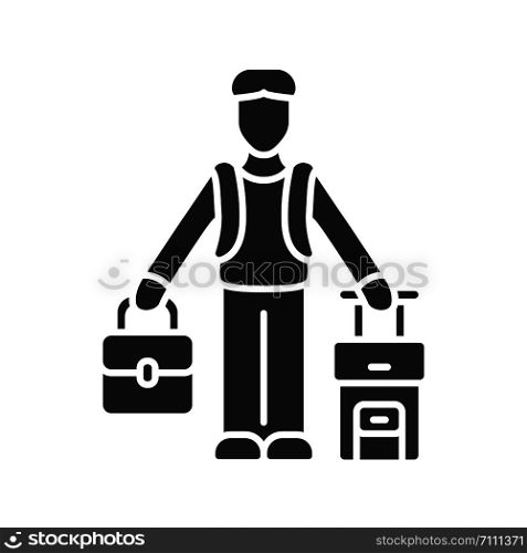 Immigrant man glyph icon. Refugee with suitcase and backpack. Travelling abroad. Solo trip, vacation, tourism. Travel equipment. Silhouette symbol. Negative space. Vector isolated illustration