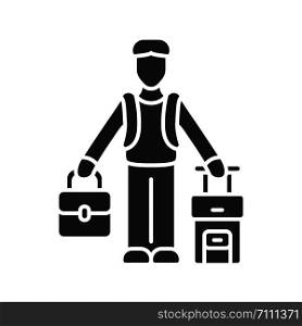 Immigrant man glyph icon. Refugee with suitcase and backpack. Travelling abroad. Solo trip, vacation, tourism. Travel equipment. Silhouette symbol. Negative space. Vector isolated illustration