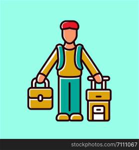 Immigrant man yellow color icon. Refugee with suitcase and backpack. Travelling abroad. Solo trip, vacation, tourism. Travel equipment. Immigration. Isolated vector illustration