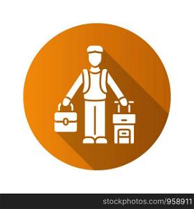 Immigrant man yellow flat design long shadow glyph icon. Refugee with suitcase, backpack. Travelling abroad. Solo trip, tourism. Travel equipment. Immigration. Vector silhouette illustration