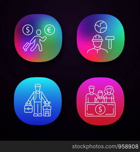 Immigrants app icons set. Economic migrant, family sponsorship immigration. Job for immigrants. Travelling abroad. UI/UX user interface. Web or mobile applications. Vector isolated illustrations