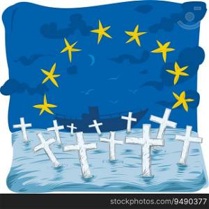 Immigrants drowned in the Mediterranean to go to Europe. vector background