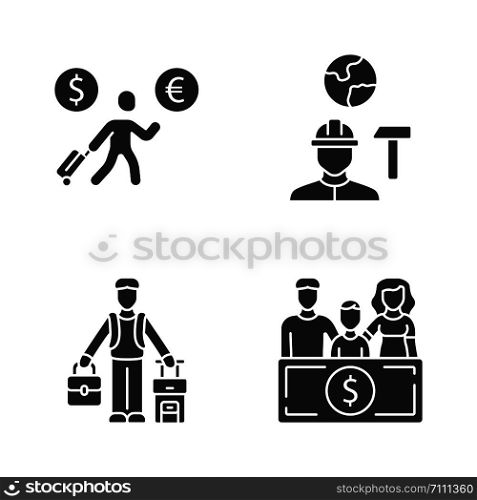 Immigrants glyph icons set. Economic migrant, family sponsorship immigration. Job for immigrants. Emigrants, refugees. Travelling abroad. Silhouette symbols. Vector isolated illustration