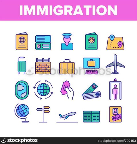 Immigration, Abroad Travel Vector Linear Icons Set. Immigration, Foreign Country Trip Outline Symbols Pack. International Airline, Travel Agency. Border Control Isolated Contour Illustrations. Immigration, Abroad Travel Vector Linear Icons Set