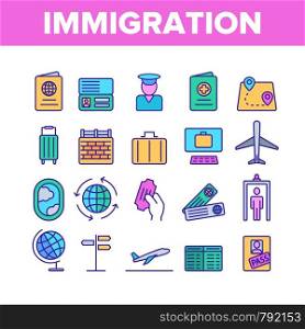 Immigration, Abroad Travel Vector Linear Icons Set. Immigration, Foreign Country Trip Outline Symbols Pack. International Airline, Travel Agency. Border Control Isolated Contour Illustrations. Immigration, Abroad Travel Vector Linear Icons Set