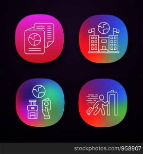 Immigration app icons set. Consulate building. Travel documents, security check. Trip equipment. Refugee, immigrant. UI/UX user interface. Web or mobile applications. Vector isolated illustrations