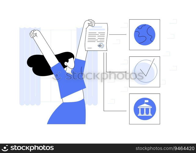 Immigration application approved abstract concept vector illustration. Immigrant holding approved application, embassy sector, citizen services, government industry abstract metaphor.. Immigration application approved abstract concept vector illustration.