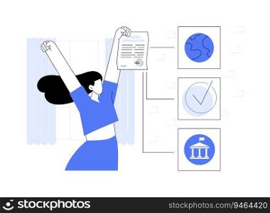 Immigration application approved abstract concept vector illustration. Immigrant holding approved application, embassy sector, citizen services, government industry abstract metaphor.. Immigration application approved abstract concept vector illustration.