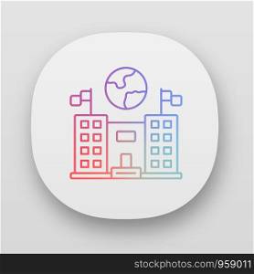 Immigration center app icon. Consulate building. Administrative structure. Earth globe over public building. UI/UX user interface. Web or mobile applications. Vector isolated illustrations