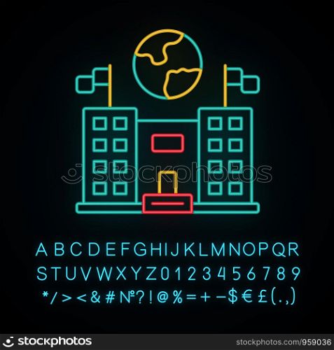 Immigration center neon light icon. Embassy and consulate building. Administrative governmental structure. Glowing sign with alphabet, numbers and symbols. Vector isolated illustration