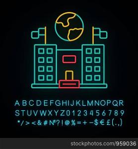 Immigration center neon light icon. Embassy and consulate building. Administrative governmental structure. Glowing sign with alphabet, numbers and symbols. Vector isolated illustration