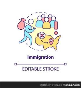 Immigration concept icon. Aliens social problem. Overpopulation cause abstract idea thin line illustration. Isolated outline drawing. Editable stroke. Arial, Myriad Pro-Bold fonts used. Immigration concept icon