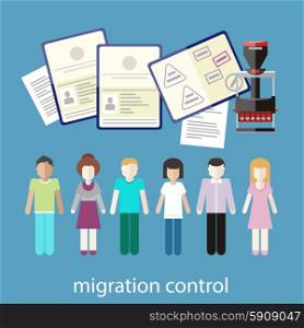 Immigration concept in flat design. Migration control. A group of people with stamps in passports on customs . Migration control