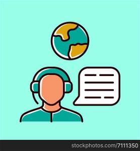 Immigration consultant blue color icon. Online support, hotline operator, Office, help desk worker, dispatcher. Travel agent. Call center manager. Trip advisor. Isolated vector illustration