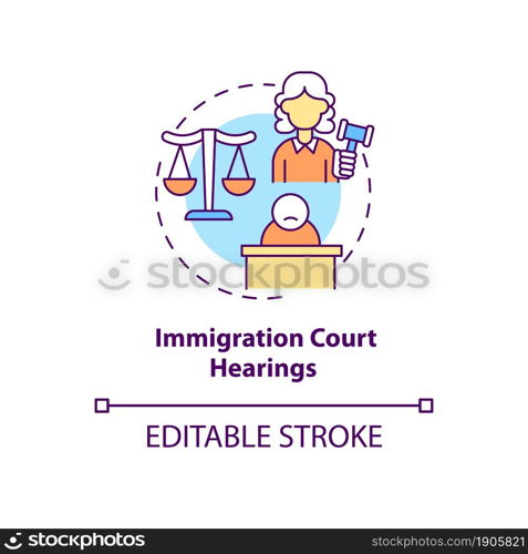 Immigration court hearings concept icon. Judicial procedure on immigration cases. Deportation abstract idea thin line illustration. Vector isolated outline color drawing. Editable stroke. Immigration court hearings concept icon
