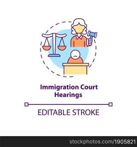 Immigration court hearings concept icon. Judicial procedure on immigration cases. Deportation abstract idea thin line illustration. Vector isolated outline color drawing. Editable stroke. Immigration court hearings concept icon