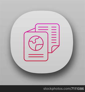 Immigration documents app icon. International passport. Identification document. Flight ticket. Travel and tourism. UI/UX user interface. Web or mobile applications. Vector isolated illustrations
