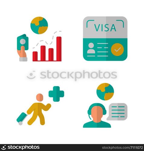 Immigration flat design long shadow color icons set. Migration rate, start up visa. Humanitarian immigrant, travel consultant. Trip advisor. Travelling abroad. Vector silhouette illustrations