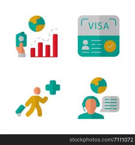 Immigration flat design long shadow color icons set. Migration rate, start up visa. Humanitarian immigrant, travel consultant. Trip advisor. Travelling abroad. Vector silhouette illustrations