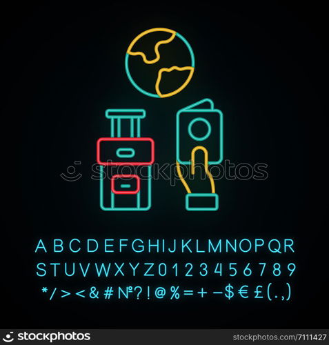 Immigration neon light icon. Trip planning, holiday vacation organization. Packed baggage. Migration document, passport. Glowing sign with alphabet, numbers and symbols. Vector isolated illustration
