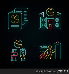 Immigration neon light icons set. Embassy and consulate building. Travel documents, security check. Trip equipment. Refugee, immigrant. Travelling abroad. Glowing signs. Vector isolated illustrations