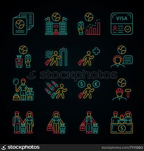 Immigration neon light icons set. Travel abroad. Security check. Trip planning, holiday vacation organization. Refugee help. Travel equipment. Glowing signs. Vector isolated illustrations