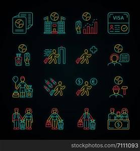 Immigration neon light icons set. Travel abroad. Security check. Trip planning, holiday vacation organization. Refugee help. Travel equipment. Glowing signs. Vector isolated illustrations