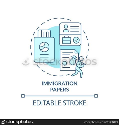 Immigration papers turquoise concept icon. Immigration status. Application abstract idea thin line illustration. Isolated outline drawing. Editable stroke. Arial, Myriad Pro-Bold fonts used. Immigration papers turquoise concept icon