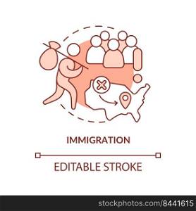 Immigration terracotta concept icon. Aliens social problem. Overpopulation cause abstract idea thin line illustration. Isolated outline drawing. Editable stroke. Arial, Myriad Pro-Bold fonts used. Immigration terracotta concept icon