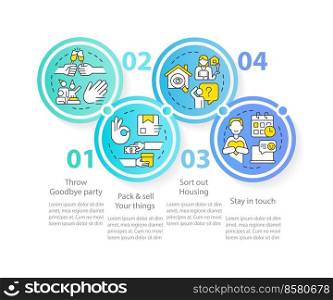 Immigration tips circle infographic template. Prepare to relocate abroad. Data visualization with 5 steps. Editable timeline info chart. Workflow layout with line icons. Myriad Pro-Regular font used. Immigration tips circle infographic template
