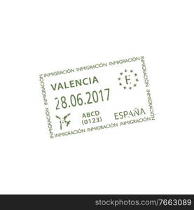 Immigration visa, Valencia airport st&isolated. Vector travel to Spain, official seal. Official arrival st&to Valencia airport isolate