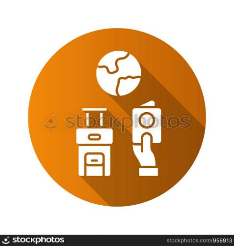 Immigration yellow flat design long shadow glyph icon. Trip planning, holiday vacation organization. Travelling abroad. Packed baggage. Migration document, passport. Vector silhouette illustration