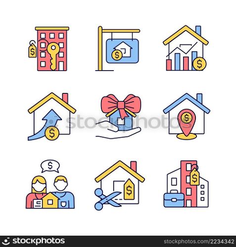 Immovable property purchasing RGB color icons set. Apartment and house buying. Home donation. Realty market. Isolated vector illustrations. Simple filled line drawings collection. Editable stroke. Immovable property purchasing RGB color icons set