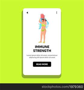 immune strength healthy female defense. health boost strength exercise. human body strong barrier. vector web Flat Cartoon Illustration. immune strength female vector