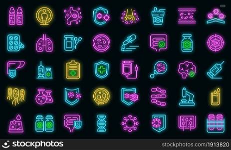 Immune system icons set. Outline set of immune system vector icons neon color on black. Immune system icons set vector neon