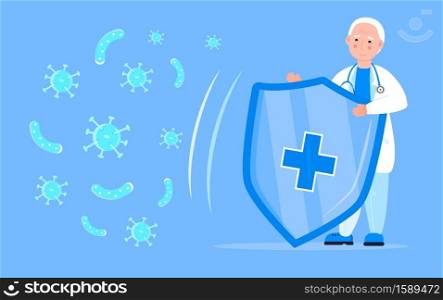 Immune system protection concept vector. The doctor holds a medical shield and protects from the attack of harmful microorganisms, bacteria, viruses. Stop coronavirus attack.. Immune system protection concept vector. The doctor holds a medical shield and protects from the attack of harmful microorganisms, bacteria, viruses.