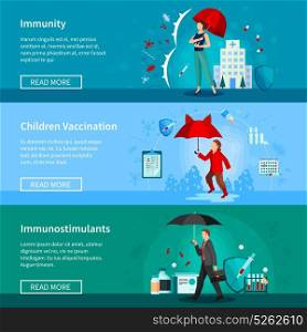 Immunity And Vaccination Banners Set. Set of horizontal banners with people under umbrellas immunity and medications children vaccination isolated vector illustration