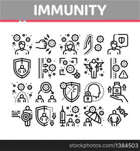 Immunity Human Biological Defense Icons Set Vector. Protective Bacterias, Syringe And Shield, Vitamin And Healthcare Pills For Immunity Concept Linear Pictograms. Monochrome Contour Illustrations. Immunity Human Biological Defense Icons Set Vector